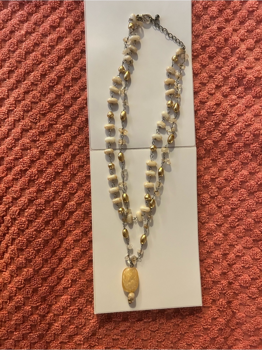 Gold and Cream Double-Strand Pendant Necklace - Women Jewelry